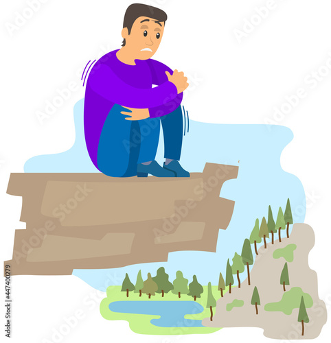 Man suffering from fear of of heights. Person is scared of being on high rock. Male character shaking, trembling with fear. Fear of heights, phobia, horror. Guy at altitude suffers from acrophobia