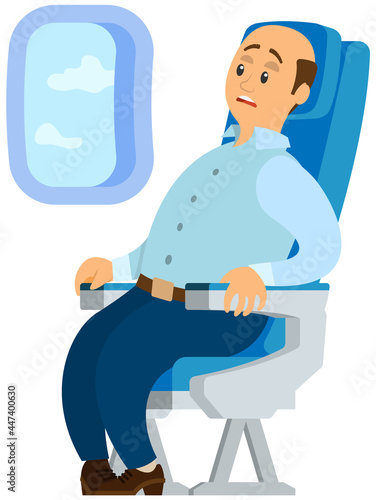 Terrified airplane passenger shocked by turbulent area. Man in airplane frightened by flight. Person suffers from aerophobia. Fear of flight, phobia, horror. Character looks frightened in plane window