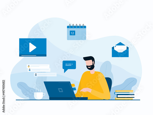 flat vector business man working at workplace with technology telecomputing and smart working concept photo