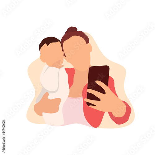 Mother taking a selfie with her baby. Mother and daughter selfie with smartphone vector character illustration.