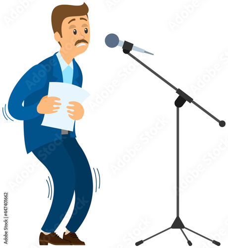 Man suffers from fear of public speaking. Frightened speaker standing near microphone is afraid of giving presentations to audience. Person with phobia of public speaking isolated on white background