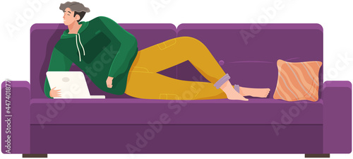 Man lying on couch with computer, holding laptop and correspondence surfing in Internet. Male character communicating with friends, studying remotely, sitting on sofa, relaxing, resting after work