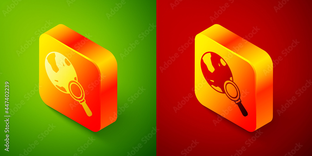 Isometric Magnifying glass with globe icon isolated on green and red background. Analyzing the world. Global search sign. Square button. Vector Isometric Magnifying glass with globe icon isolated on green and red background. Analyzing the world. Global search sign. Square button. Vector