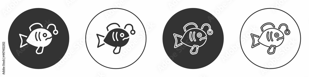 Black Tropical fish icon isolated on white background. Exotic fish. Circle button. Vector Black Tropical fish icon isolated on white background. Exotic fish. Circle button. Vector