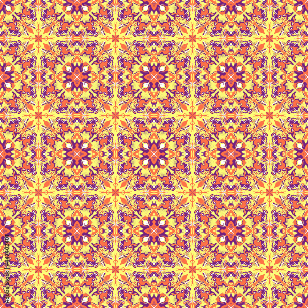 Abstract kaleidoscope background. Colorful seamless patterns. Geometric design elements. Repeat Tie Dye. Ethnic Persian Motif. Rainbow wallpaper, fabric, furniture print. Psychedelic style.