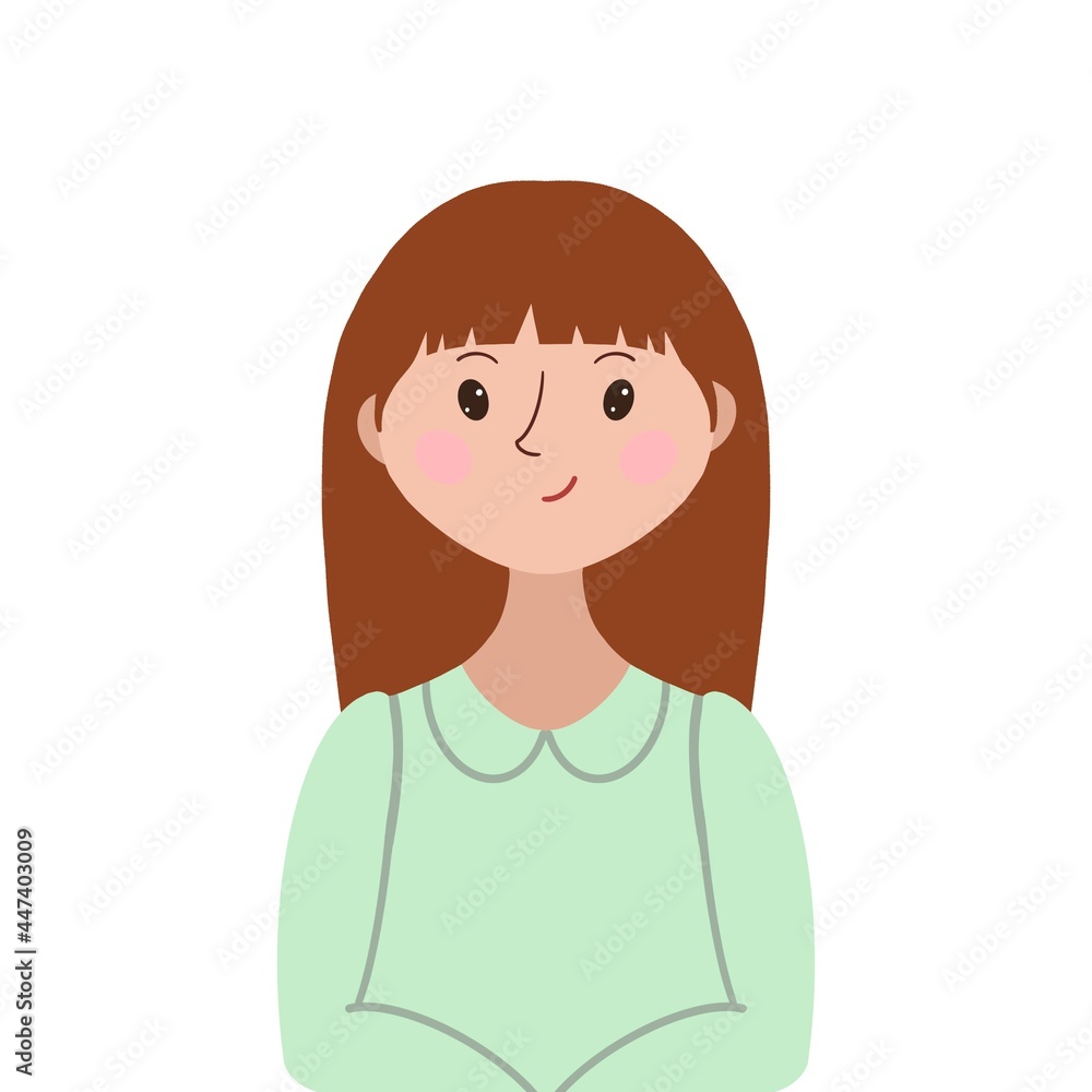 A cartoon stylized portrait of a waist-high woman on a white background, an employee or housewife, a freelancer or an office worker. For Guides, Presentations, Advertising, Manuals, Checklist, Booklet A cartoon stylized portrait of a waist-high woman on a white background, an employee or housewife, a freelancer or an office worker. For Guides, Presentations, Advertising, Manuals, Checklist, Booklet