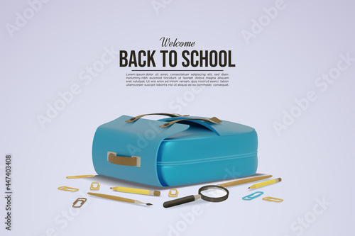 Back to school background with realistic 3d bag.