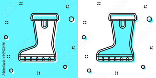 Black line Waterproof rubber boot icon isolated on green and white background. Gumboots for rainy weather, fishing, gardening. Random dynamic shapes. Vector