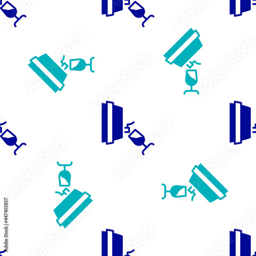 Blue Wine tasting, degustation icon isolated seamless pattern on white background. Wooden barrel for wine with glass. Vector