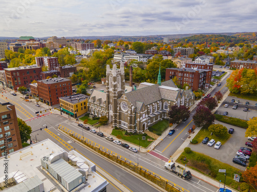 Wesley United Methodist Church aerial view at 114 Main Street in fall with fall foliage in Downtown Worcester  Massachusetts MA  USA. 