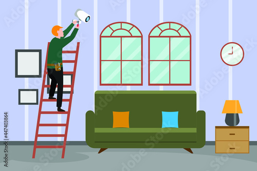 CCTV security vector concept: Young technician standing on the staircase while installing cctv camera at home 