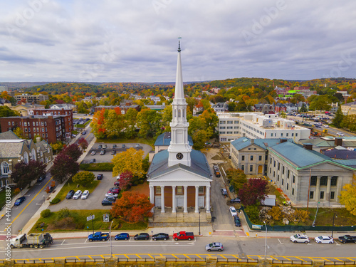 First Unitarian Church aerial view at 90 Main Street in historic downtown Worcester, Massachusetts MA, USA. 