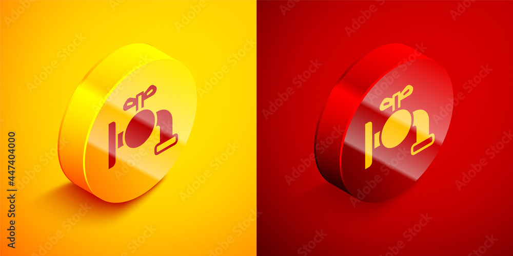 Isometric Tap for a barrel icon isolated on orange and red background. Circle button. Vector Isometric Tap for a barrel icon isolated on orange and red background. Circle button. Vector