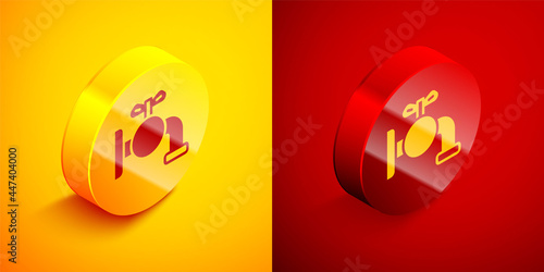 Isometric Tap for a barrel icon isolated on orange and red background. Circle button. Vector
