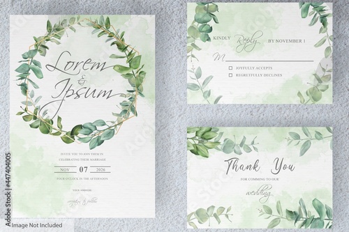 greenery wedding invitation card set template with hand drawn eucalyptus foliage