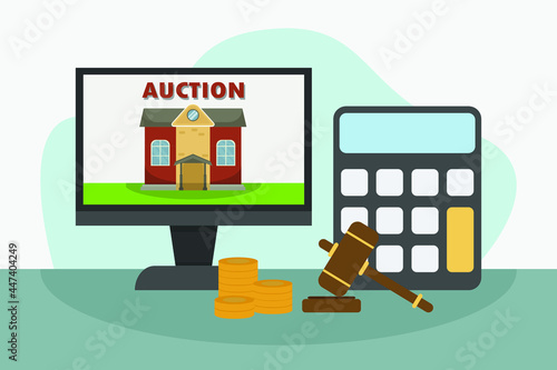 Online auction vector concept: Gavel and stuck of coins in online auction with computer and calculator