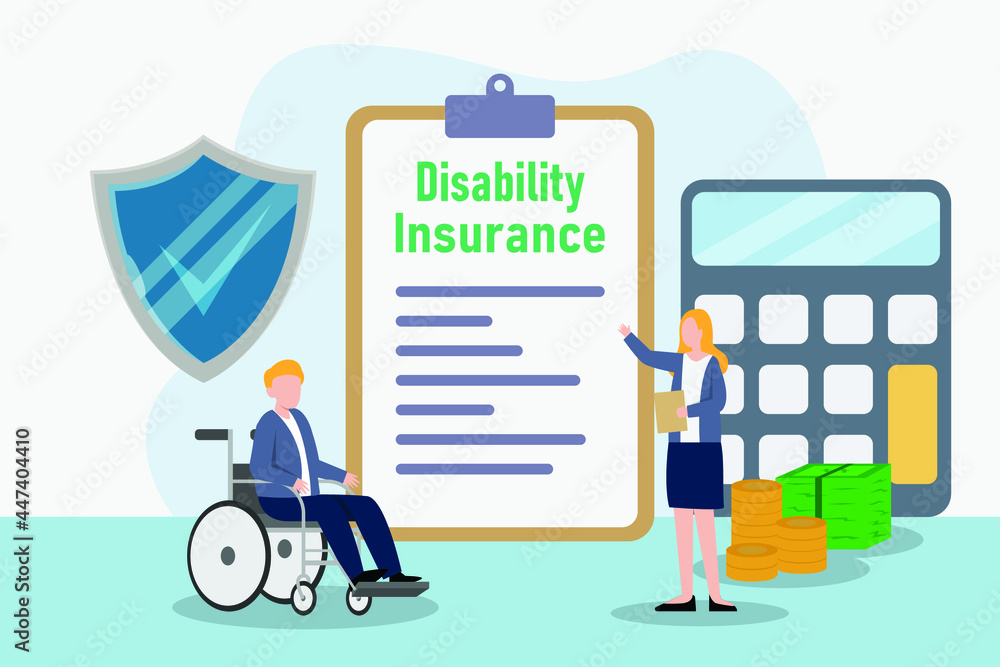 Disability insurance vector concept: Insurance agent offering disability insurance to young man while sitting on the wheelchair Disability insurance vector concept: Insurance agent offering disability insurance to young man while sitting on the wheelchair