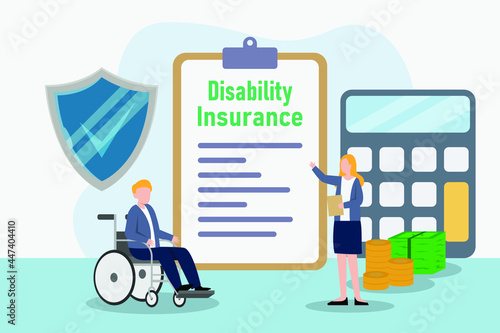 Disability insurance vector concept: Insurance agent offering disability insurance to young man while sitting on the wheelchair