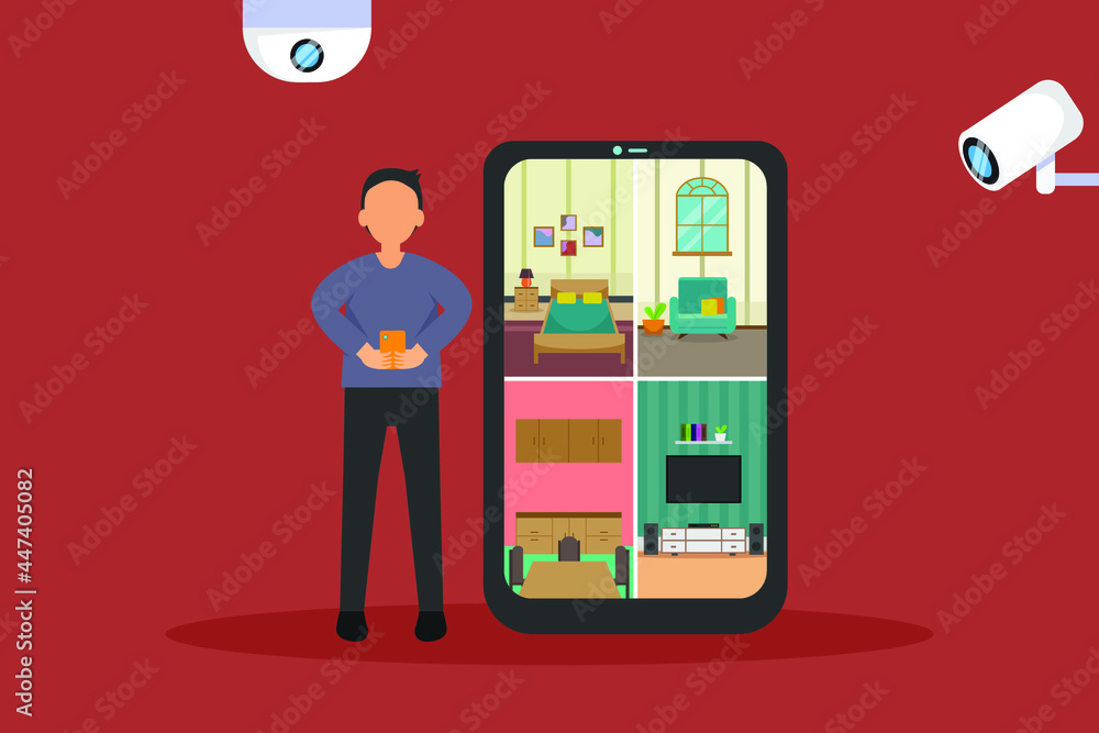 CCTV security vector concept: Young man monitoring each rooms with cctv record while using smartphone CCTV security vector concept: Young man monitoring each rooms with cctv record while using smartphone