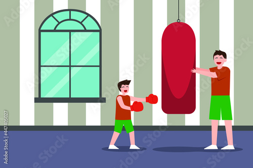 Parenthood vector concept: Young father teaching boxing to his little son with boxing sack 
