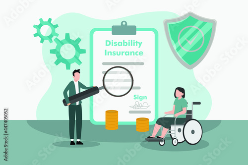 Disability insurance vector concept: Young man looking at disability insurance form with disabled woman while using magnifying glass