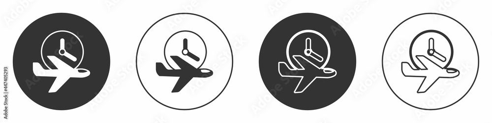 Black Flight time icon isolated on white background. Circle button. Vector Black Flight time icon isolated on white background. Circle button. Vector