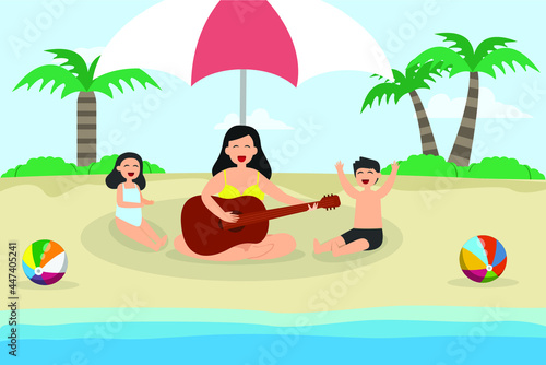 Quality time vector concept  Young mother playing guitar with her daughter and son while enjoying quality time in the beach