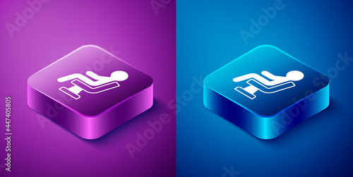 Isometric Human waiting in airport terminal icon isolated on blue and purple background. Square button. Vector