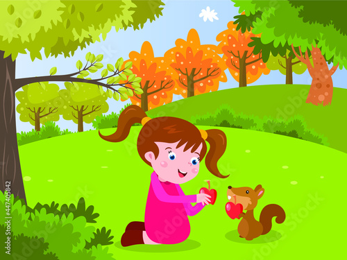 Happy little girl cartoon character giving apple fruit to a squirrel at the park