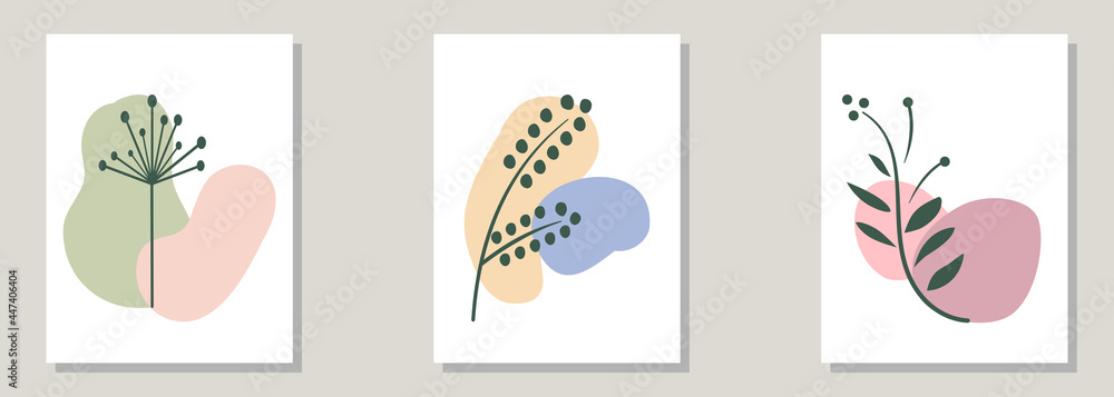 Set of three pastel colour abstract modern posters with blobs of colour and plants