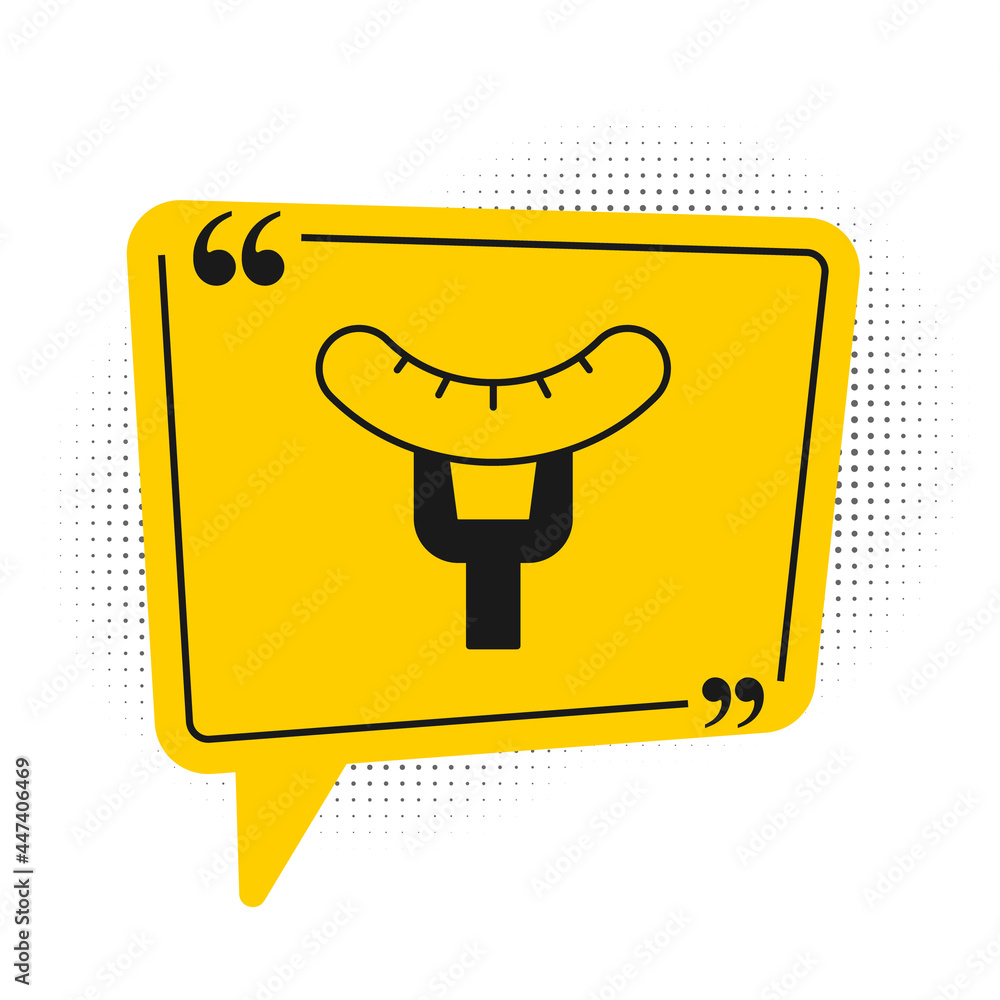 Black Sausage on the fork icon isolated on white background. Grilled sausage and aroma sign. Yellow speech bubble symbol. Vector Black Sausage on the fork icon isolated on white background. Grilled sausage and aroma sign. Yellow speech bubble symbol. Vector