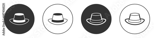 Black Oktoberfest hat icon isolated on white background. Hunter hat with feather. German hat. Circle button. Vector