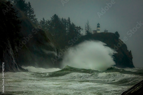 Thunderous waves over 40 feet tall crash into cliffs and rocks at Cape Disappointment, Washington when a King Tide. combine to create chaos and danger of unrivaled beauty.  
