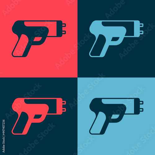 Pop art Police electric shocker icon isolated on color background. Shocker for protection. Taser is an electric weapon. Vector