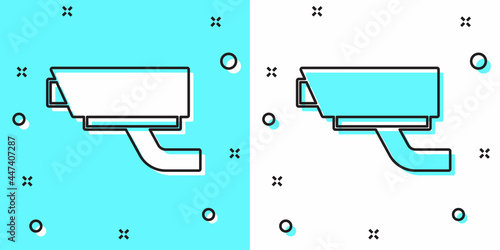 Black line Security camera icon isolated on green and white background. Random dynamic shapes. Vector