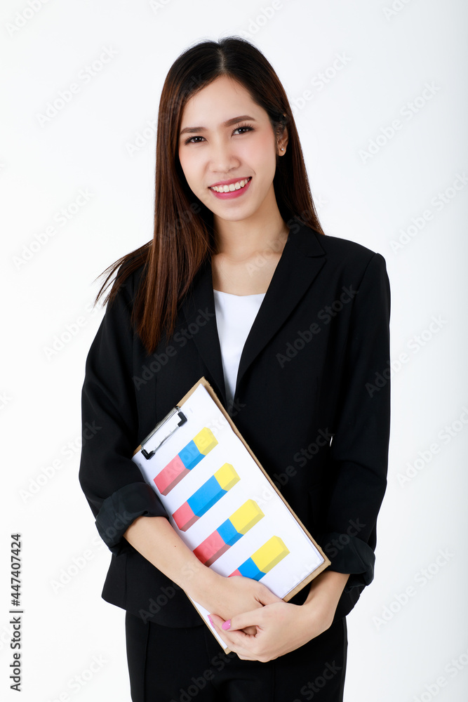 Portrait of asian beautiful business woman with long hair wearing formal suit, smiling with confidence and holding financial or marketing flip chart and graph board with isolated white background. Portrait of asian beautiful business woman with long hair wearing formal suit, smiling with confidence and holding financial or marketing flip chart and graph board with isolated white background.