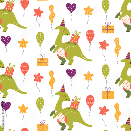 Cute dinosaur birthday seamless pattern Prehistoric animal