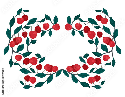 Natural frame with cherries on branches and foliage and place for text. Border with berries on bushes and copy space. Vector natural template