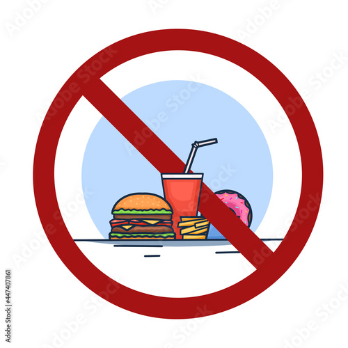Junk food trendy contour illustration in red forbidden sign. Glass of soda, hamburger, fries and donut in ban. Vector cartoon modern outline illustration of unhealthy takeaway food in prohibition