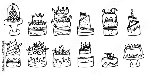 A set of delicious beautiful cakes. Hand drawn doodle style set. Cakes for birthday, wedding and other holidays. Cakes decorated with cherries, strawberries and mint. Cakes with candles.