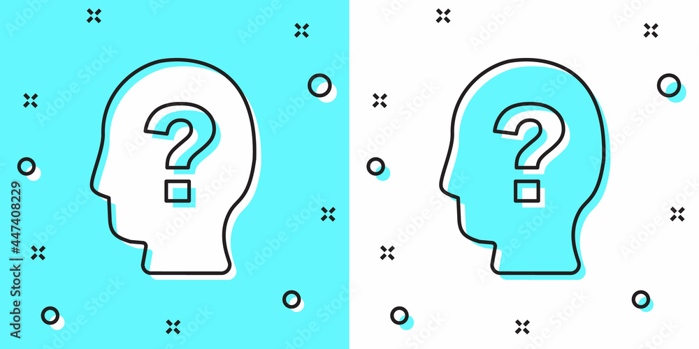 Black line Human head with question mark icon isolated on green and white background. Random dynamic shapes. Vector