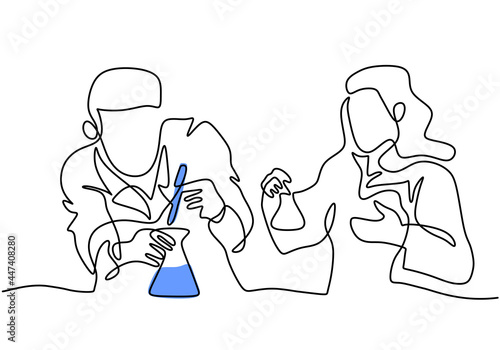 Continuous single line drawing of female and male scientist doing experiment in laboratory minimalism design. Medical research COVID-19 concept. Vector illustration on white background