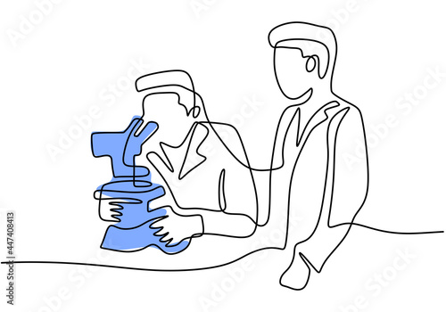 One continuous line drawing of two male scientist woman looking through microscope in laboratory. Professional researcher doing experiment isolated on white background. Vector illustration