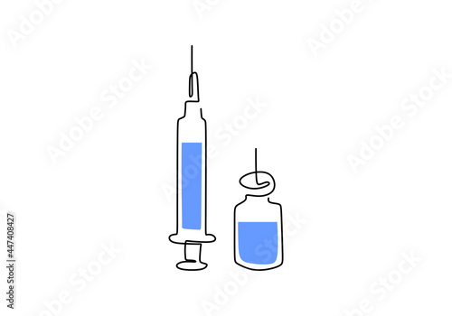 Continuous one line drawing of syringe with needle and vaccine tube for the corona vaccine test hand-drawn line art minimalist design. Medical equipment or tools vector illustration hand drawn