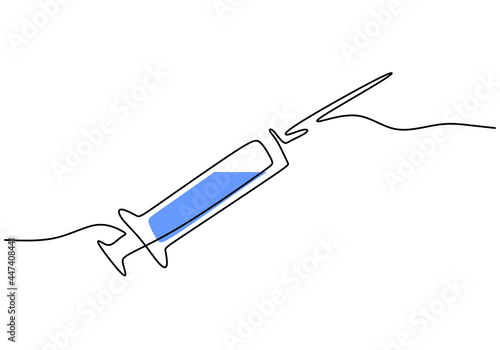 Continuous one line drawing of syringe with needle for the corona vaccine test hand-drawn line art minimalist design. Medical equipment or tools vector illustration hand drawn