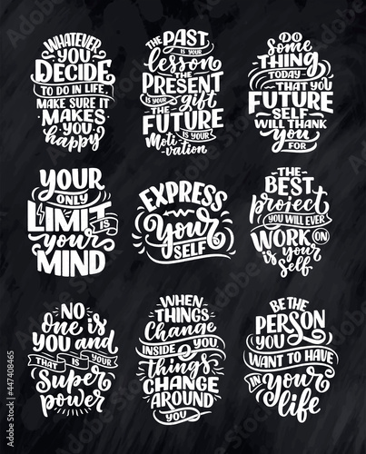 Set with lettering slogans about be yourself. Funny quotes for blog, poster and print design. Modern calligraphy texts about selfcare. Vector