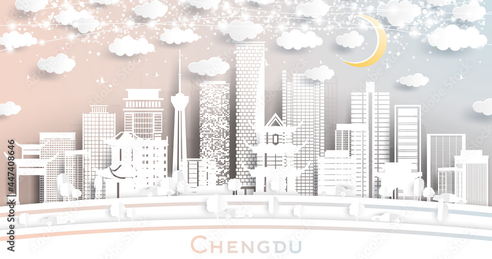 Chengdu China City Skyline in Paper Cut Style with White Buildings, Moon and Neon Garland.