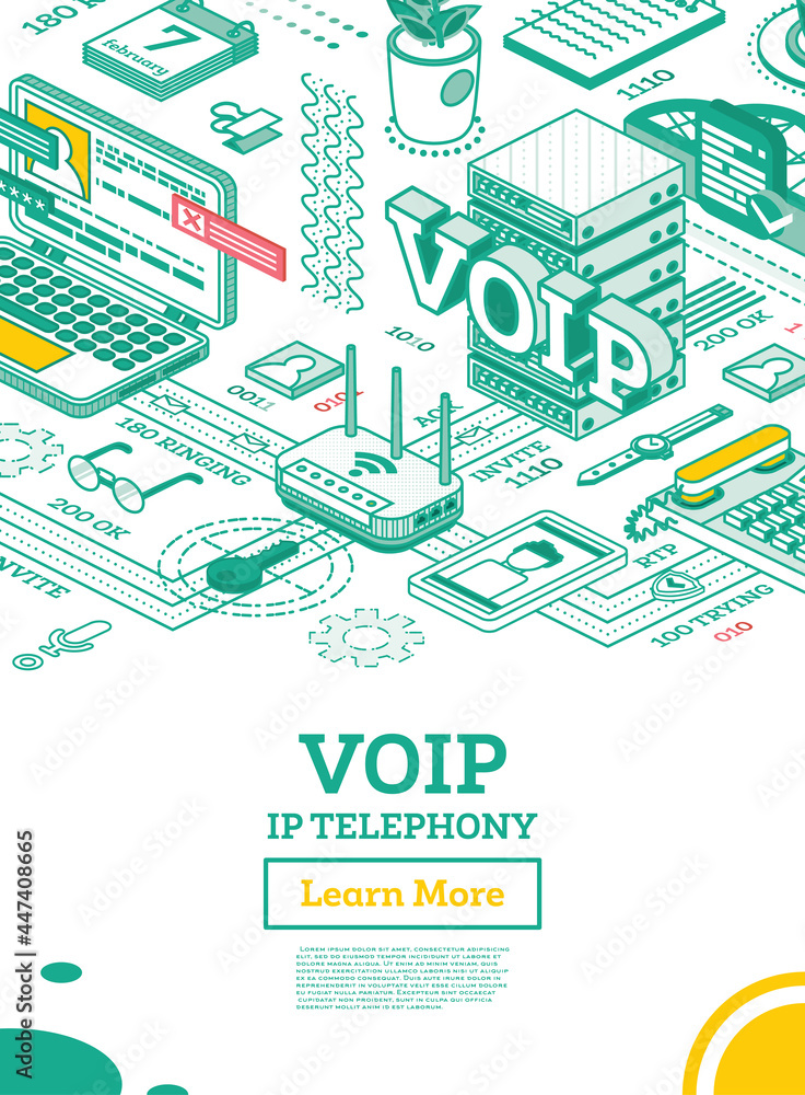 VOIP IP Telephony Services. Isometric Outline Concept. Configuration Scheme of System.