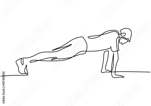 One continuous line drawing of young man training doing push ups in a fitness training gym isolated on white background. A male preparing for pushing up exercise. Vector illustration