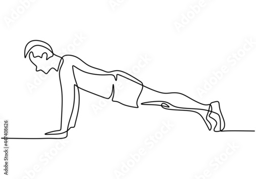 One continuous line drawing of young man training doing push ups in a fitness training gym isolated on white background. A male preparing for pushing up exercise. Vector illustration